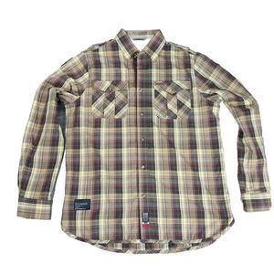 RocaWear Mens Tan Multicolor Striped Long Sleeve Button Up Collared Shirt Sz L